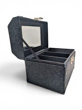 Vintage Asian Brocade Jewelry Box | Black Floral Dragon Mirror & Compartments